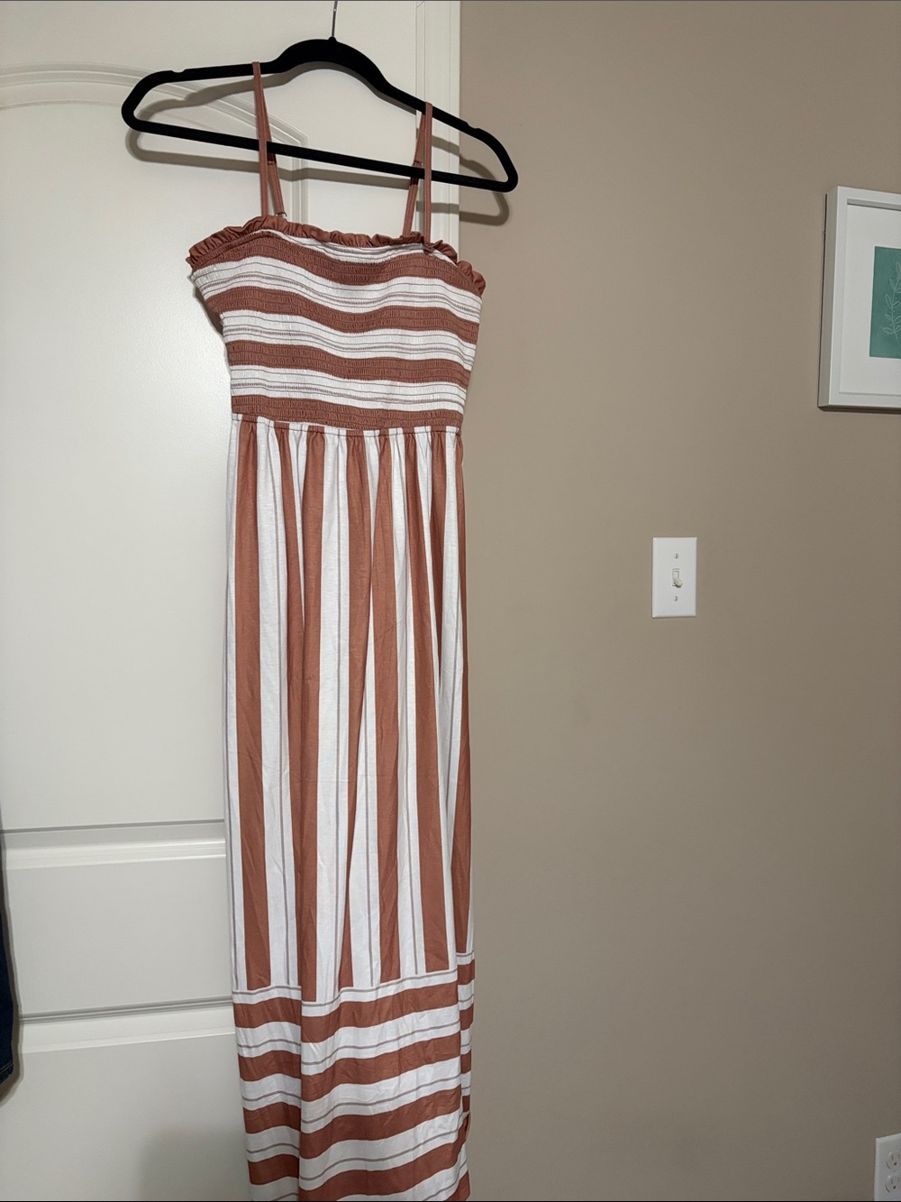 Rust and White Striped Smocked Maxi Dress with Spaghetti Straps